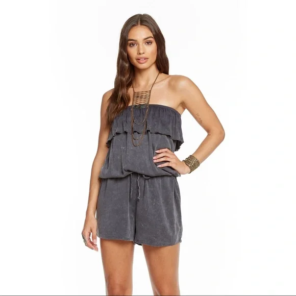 Revolve Chaser Heirloom Strapless Ruffle Romper Gray Size Medium NWT - Picture 1 of 2